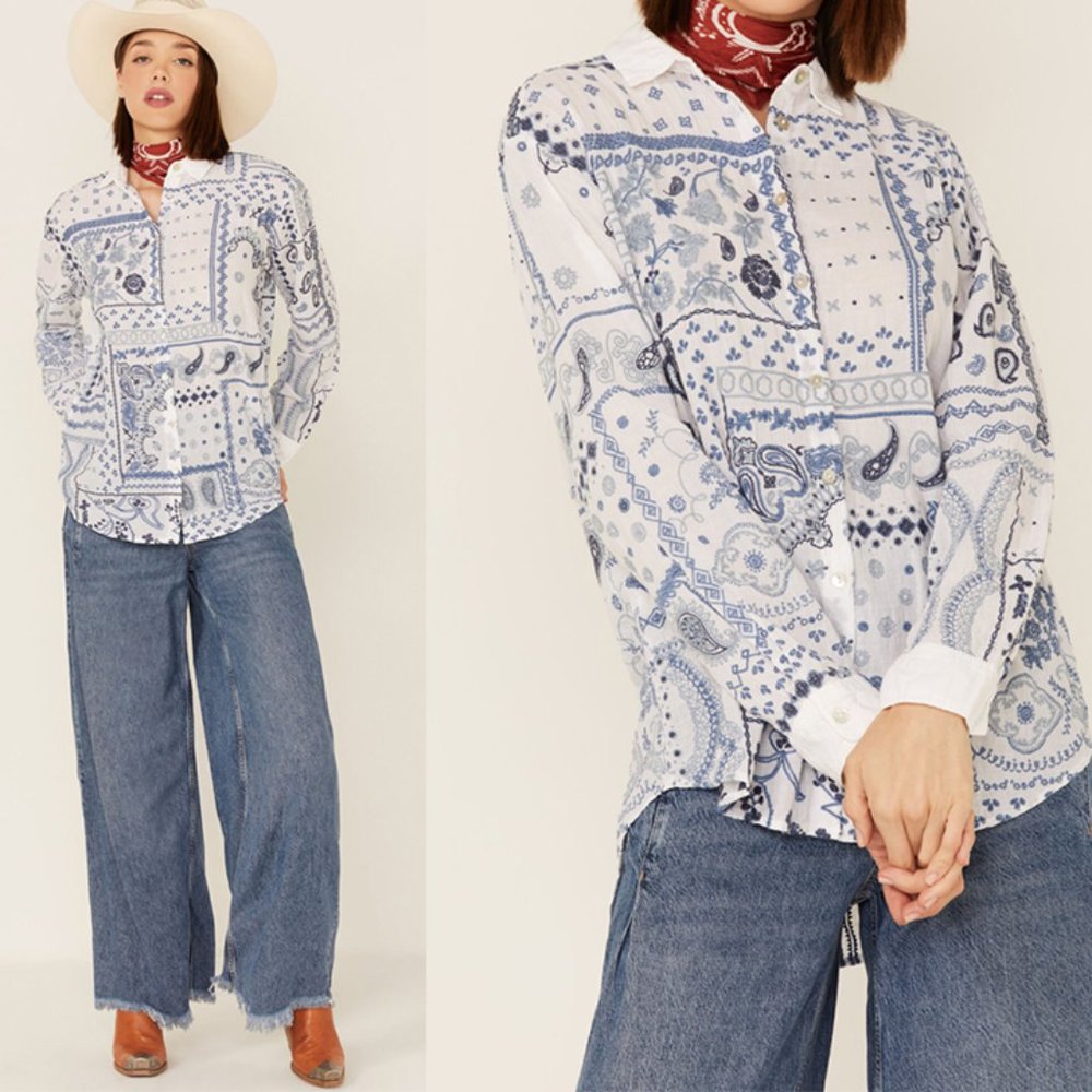 Johnny Was Vanya Schiffli Paisley/Patchwork Embroidered Oversized Button Down